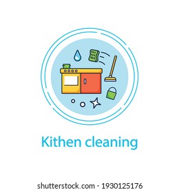 Kitchen cleaning concept line icon. Home cleanup. Wiping stove and tables. Mopping, dusting. Cleaning service concept. Vector isolated conception metaphor illustration