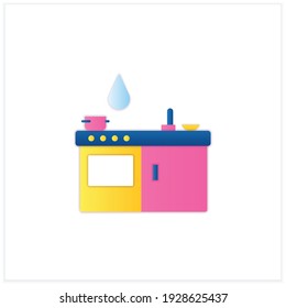 Kitchen cleaning flat icon. Home cleanup. Wiping stove and tables. Mopping, dusting. Cleaning service concept. 3d vector illustration