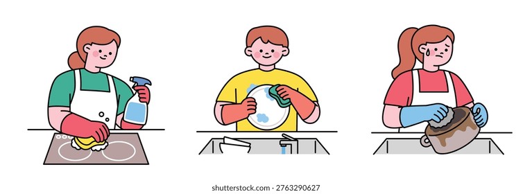 Kitchen cleaning, induction cleaner, dishwashing. Cute character with a round face. Upper body illustration.