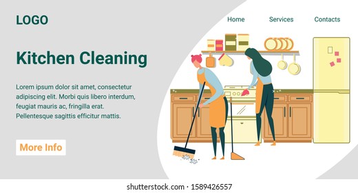 Kitchen Cleaning Service Flat Cartoon Vector Illustration. Women Sweeping Floor with Broom, Washing Oven with Rag or Sponge Banner. Interior with Furniture as Fridge, Shelves with Utensils.