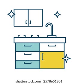 Kitchen Cleaning – Sink, Counter, and Surfaces Cleaned to Ensure a Tidy, Organized, and Sanitized Kitchen for Safe and Healthy Food Preparation. Vector illustration.