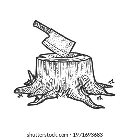 Kitchen cleaver hatchet knife stuck in tree stump sketch engraving vector illustration. T-shirt apparel print design. Scratch board imitation. Black and white hand drawn image.