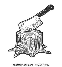 Kitchen cleaver hatchet knife stuck in tree stump line art sketch engraving vector illustration. T-shirt apparel print design. Scratch board imitation. Black and white hand drawn image.