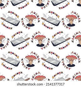 Kitchen cleaver and Mushroom. Seamless pattern on a white background. Cute vector illustration.