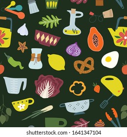 Kitchen clipart variety seamless pattern. Vector iluustration