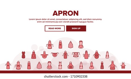 Kitchen Cloth Apron Landing Web Page Header Banner Template Vector. Kitchen Apron Protective Garment Different Style, Chef Uniform, Housewife Domestic Clothing Illustrations