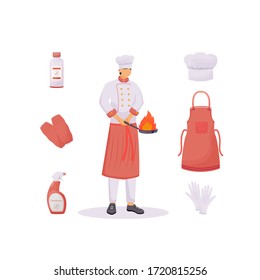 Kitchen clothes flat concept vector illustration. Hat and apron, sleeve protectors and gloves. Cook 2D cartoon character for web design. Healthcare, cleanliness and disinfection creative idea