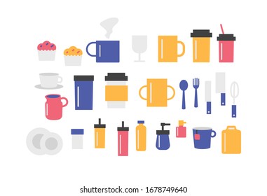 Cocina Cuchara de cristal Horquilla Salsa de tomate Botella Mug Cubierta de tarta Ilustración Vector Diseño plano 