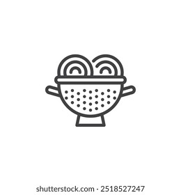 Icono de línea de colador de cocina. Signo de estilo lineal para concepto móvil y Diseño web. Icono de Vector de contorno de colador de pasta. Símbolo de agua de drenaje, ilustración de logotipo. Gráficos de Vector