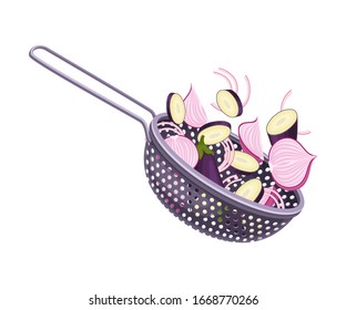 Kitchen Colander or Strainer Made of Stainless Steel with Sliced Vegetables Inside Vector Illustration