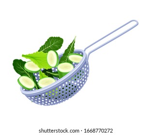 Kitchen Colander or Strainer Made of Stainless Steel with Sliced Cucumber and Greenery Inside Vector Illustration