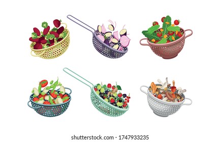 Kitchen Colanders or Strainers with Vegetables and Berries Vector Set