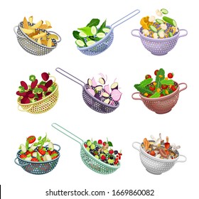 Kitchen Colanders or Strainers with Vegetables and Greenery Vector Set