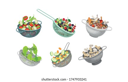 Kitchen Colanders or Strainers with Vegetables and Greenery Vector Set