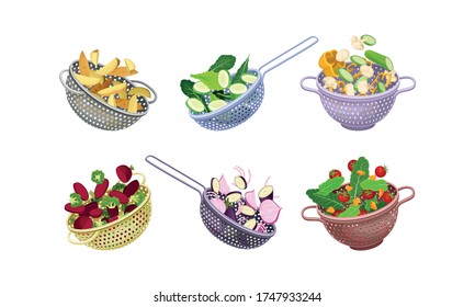 Kitchen Colanders or Strainers with Vegetables and Greenery Vector Set