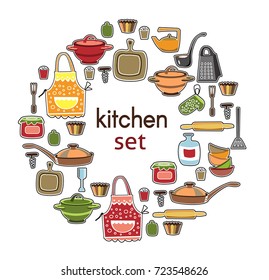 Kitchen color icon doodle circle set. Dishes