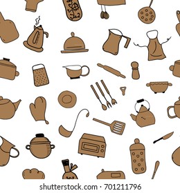 Kitchen color icon doodle set seamless pattern