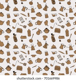Kitchen color icon doodle set seamless pattern