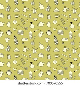 Kitchen color icon doodle set seamless pattern