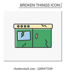 Kitchen Color Icon. Smashed Kitchen Furniture. Destroyed Oven For Cooking.Vandalism, Chaos. Broken Things Concept. Isolated Vector Illustration