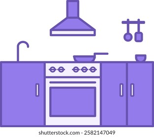 Kitchen Color Icon. Vector Icon. Modern Kitchen. Stove with Oven, Cabinets, and Hood. Frying Pan, Water Tap, and Kitchen Utensils. Restaurant Concept