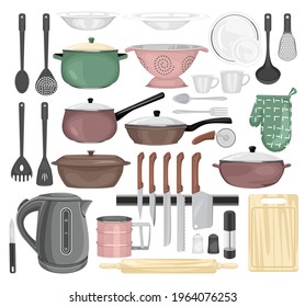 Kitchen color set of isolated icons with frying pans cooking pots cutlery and various kitchenware images vector illustration