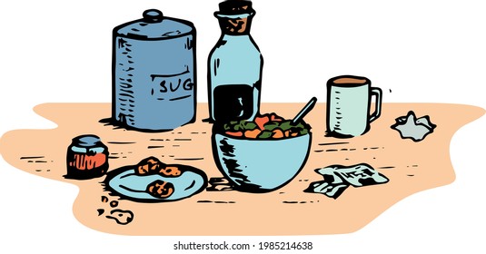 Kitchen colored illustration.  Sugar container, sauce bottle, bowl of salads, mug, jar of jam, dish of cookies hand drawn elements. Coloful background. Home vector drawing. 