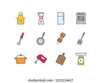 Kitchen colored line icons set with apron, blender, fridge, stove, pan, pepper, spatula, mixer, cutting board, scales.