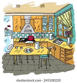 Kitchen colored sketch decorative background with domestic furniture vector illustration