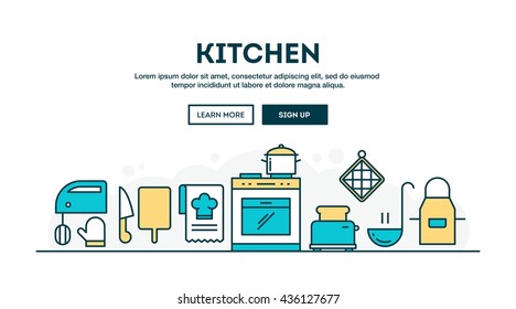 Kitchen, colorful concept header, flat design thin line style, vector illustration