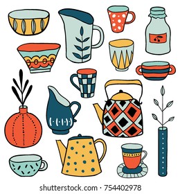 Kitchen colorful cooking elements. Kitchen utensils, cooking stuff hand drawn sketch set, collection of a funny isolated vector doodle