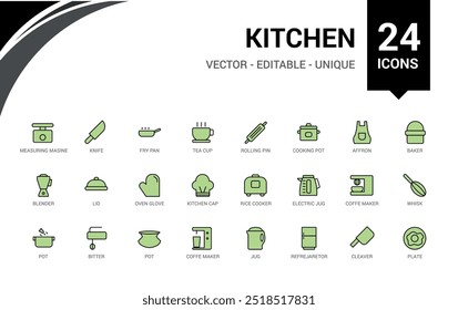 Kitchen colorful icons set, set of color icon related to pans, plates, knives set. Line icon for web and ui. Vector illustration. Icon names are written in English.