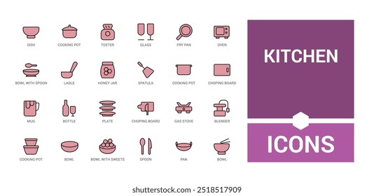 Kitchen colorful icons set, set of color icon related to pans, plates, knives set. Line icon for web and ui. Vector illustration. Icon names are written in English.