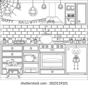 Kitchen coloring book prepared for the celebration of Halloween. Vector illustration on the theme of the interior.