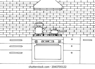 Kitchen coloring page with oven, stove hood, cooker. Brick wall, kitchen furniture. Cozy coloring book for children and adults. Kitchen tools, dish, cabinet, cupboard.