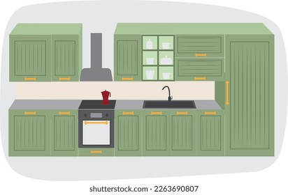 Kitchen. A complete set of furniture for the kitchen. Green. High quality vector image.