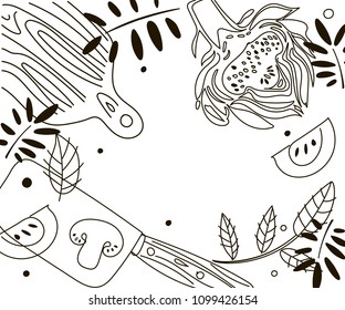 Kitchen composition. Line art graphic. Restaurant template. Vector illustration. Vegetarian Theme