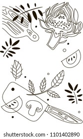 Kitchen composition. Line art graphic. Restaurant template. Vector illustration. Vegetarian Theme