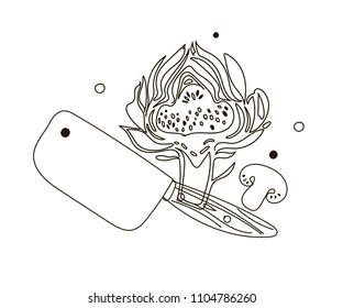 Kitchen composition. Line art graphic. Restaurant template. Vector illustration Vegetarian Theme.