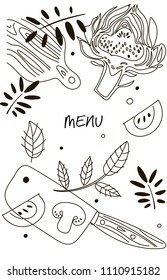 Kitchen composition. Line art graphic. Restaurant template. Vector illustration. Vegetarian Theme