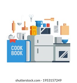 Kitchen composition, tools and items icons, isolated vector illustration.