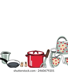 Kitchen composition with utensils: red saucepan, frying pan, polka dot apron, whisk, knife, salt shaker, pepper mill, cooking spatula, whisk. Vector illustration. For kitchen, stove, design.