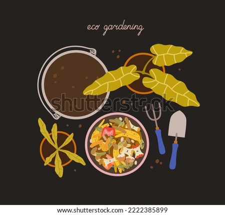 Kitchen composter, metal bucket, flower pot, shovel, rake, flower pot, houseplant, and hand lettering. Concept of eco gardening, tools for growing plants, houseplants, composting. Compost cycle.