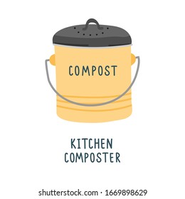 Kitchen composter, metal container with soil for biogradable trash, bin for food leftovers, isolated vector illustration