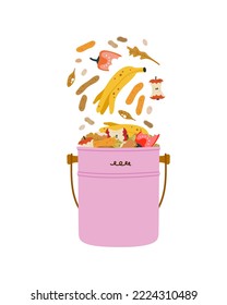 Afiche de cocina con desechos orgánicos. Reciclaje ecológico, consumo responsable. Residuos orgánicos para compostaje doméstico.