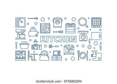 Kitchen concept blue horizontal illustration or banner. Vector illustration
