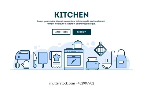 Kitchen, concept header, flat design thin line style, vector illustration