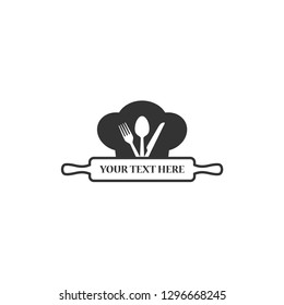 Kitchen concept logo design, restaurant business monogram. Black isolated cooking emblem of rolling pin, fork, knife and spoon