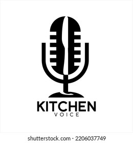 Kitchen concept microphone design logo vector with knife symbol in the middle..