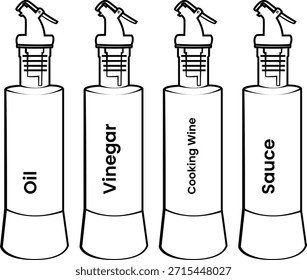 Conjunto de ilustração vetor de garrafas de condimento de cozinha. Óleo, vinagre, molho, e cozinhar vinho dispenser linha de arte ícones isolados no fundo branco.